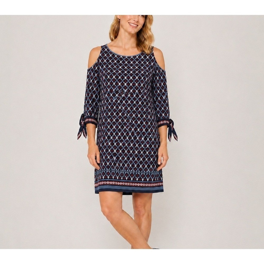 Max Studio Cold Shoulder Dress Womens XS Americana Blue Red White Floral Mini